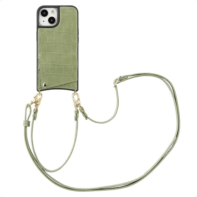 Afbeelding van Selencia Hoesje Geschikt voor iPhone 15 met Pasjeshouder Nova Croco Backcover koord en pashouder Groen
