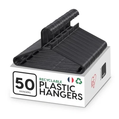 Afbeelding van Iris Ohyama, Plastic kleerhangers, 50 stuks, ruimtebesparende kleerhangers voor kleding, zwart, BPA vrij, kasten, overhemden, jassen, stropdassen, jurken, broeken, dik, duurzaam, CHM 39