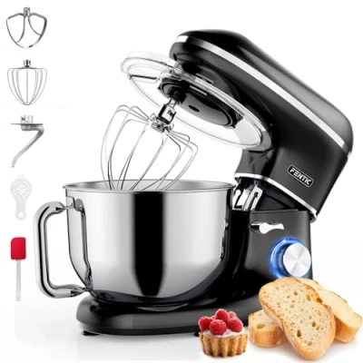 Afbeelding van Fentic Keukenmachine 2000 W mengkom van roestvrij staal (6,2 l) met garde, deeghaak en platte mixer incl. Beschermhoes extra accessoires (zwart)