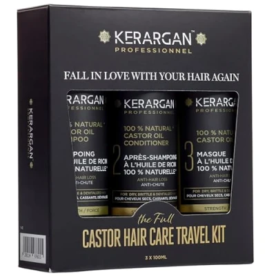 Afbeelding van Kerargan Castor Hair Care Travel Kit, haarverzorgingsset met ricinusolie Bevordert haargroei, tegen uitval Droog, beschadigd en futloos haar Zonder sulfaat, parabenen of siliconen 3 x 100 ml