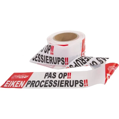 Afbeelding van Kortpack Afzetlint 75 Mm X 250 Meter Met Eikenprocessierups Lint Wit Rood zwarte Opdruk (1 Rol)