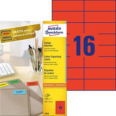 Afbeelding van Etiket Avery Zweckform 3452 105x37mm rood 1600stuks
