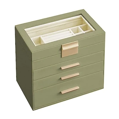 Afbeelding van SONGMICS JBC161C02 sieradenkistje met 4 niveaus glazen deksel, 3 laden, voor zonnebrillen, grote sieraden, modern, lauriergroen en goud
