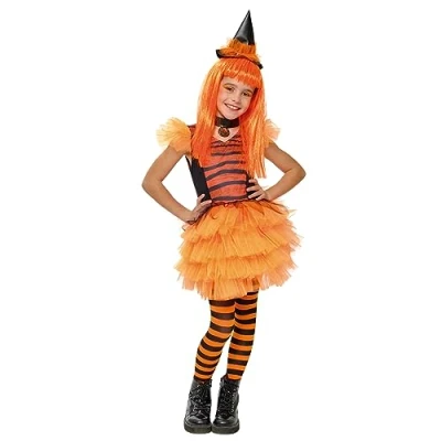 Afbeelding van Rubies Glamour Heksenkostuum oranje voor meisjes, jurk, hoed, choker en kousen, officiële Halloween, carnaval, verjaardag feestjes