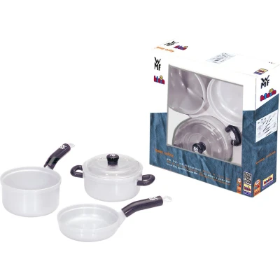Afbeelding van Klein Toys WMF 3 delige pannenset kookpot en 2 steelpannen, waarvan 1 met deksel hoogwaardig kunststof grijs zwart
