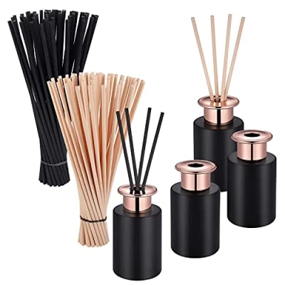 Afbeelding van JIZZU 4 lege glazen diffusers, 100 ml, zwart, met reservestaafjes, voor reservestickets, geurvaas, stuks