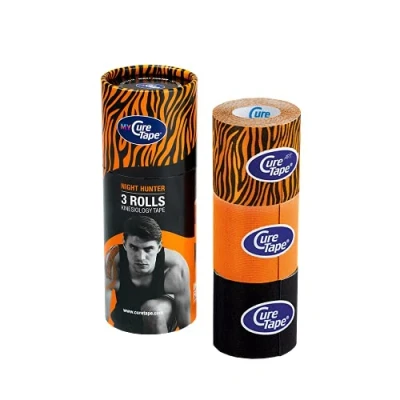 Afbeelding van My CureTape® Night Hunter, koker met 3 rollen Tiger, oranje en zwart Kinesiotape FysioTape