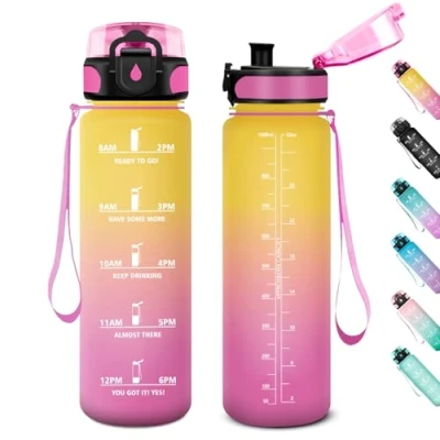 Afbeelding van Sportwaterfles met deksel, herbruikbaar, tijdmarkering, voor volwassenen, fitnessstudio, camping, fiets, sport, 1 liter