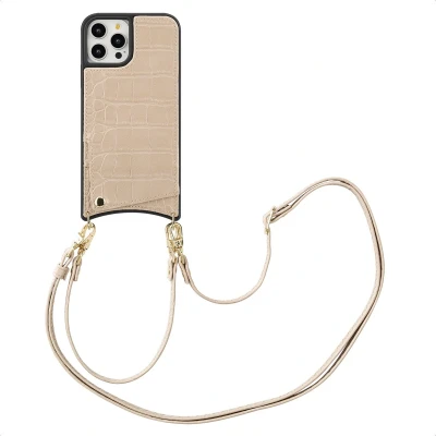 Afbeelding van Selencia Hoesje Geschikt voor iPhone 12 Pro / met Pasjeshouder Nova Croco Backcover koord en pashouder Beige