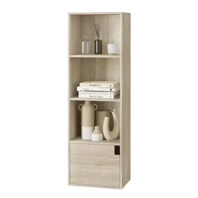 Afbeelding van eSituro SBKC0049 Verticaal rek met 4 niveaus deur voor woonkamer, slaapkamer, keuken, kantoor, gemaakt van MDF, licht eiken, 34 x 24 106 cm