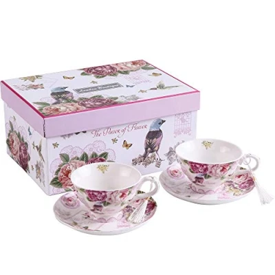 Afbeelding van London Boutique Set koffie /theekopjes en schoteltjes, shabby chic, vintage design, porselein met bloemenpatroon, 2 sets in geschenkdoos, keramiek (Pink Bird Rose)