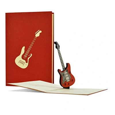 Afbeelding van Rockige verjaardagskaart met 3D pop up elektrische gitaar voucher of cadeau voor muzikanten Cadeaubon gitaar, concert, festival, muziek H23