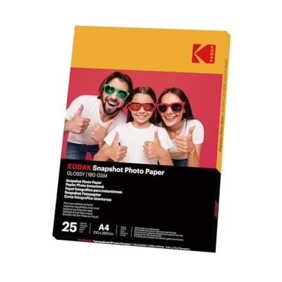 Afbeelding van KODAK Papiers photo Instantanés Pack de 25 feuilles papier Format 21 x 29.7 cm (A4) Finition brillante 180 gsm Compatible avec imprimantes jet d&#039;encre&quot;