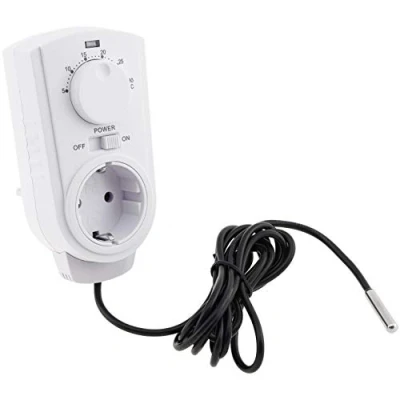 Afbeelding van ChiliTec Analoge stopcontact thermostaat 230 V met externe sensor, draaiknop, max. 3500 W, voor verwarming en koelapparatuur in terrarium vogelteelt planten