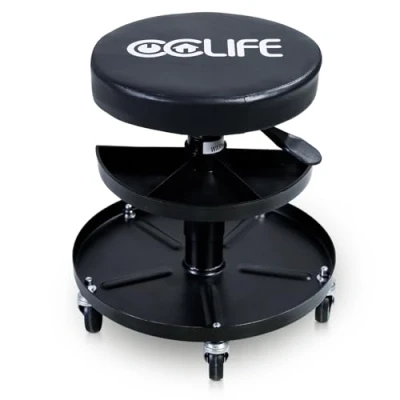 Afbeelding van CCLIFE Werkplaatskruk met ronde wielen 2 gereedschapsplanken, in hoogte verstelbaar van 45 tot 57 cm, 150 kg, diameter 30 cm