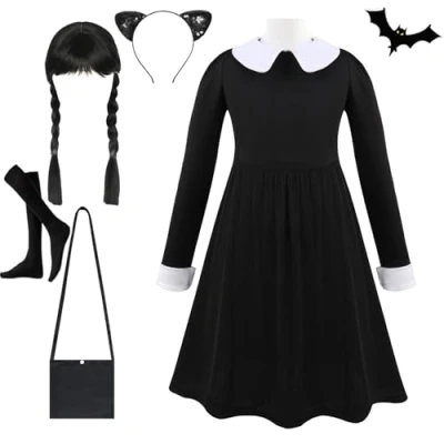 Afbeelding van LuckyQianyi Costume de mercredi pour femme Noir gothique enfant famille adulte Robe cosplay carnaval B 150 cm