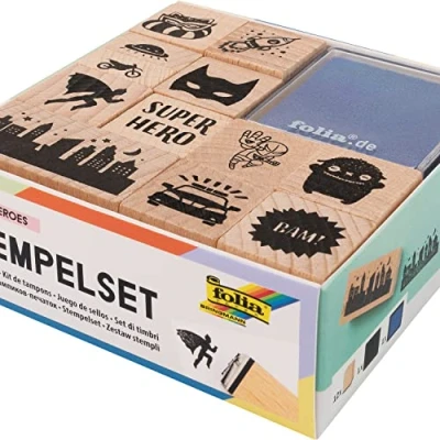 Afbeelding van Folia stempelkit (12 stempels + 2 stempelkussens) superhelden, hout stempelset