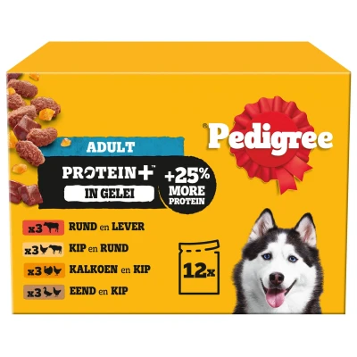 Afbeelding van 12x85g Pedigree Adult Fresh zakjes Protein Plus in gelei 4 soorten nat hondenvoer