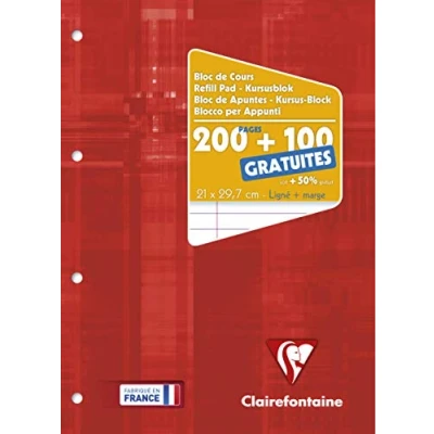 Afbeelding van Clairefontaine 65818C Een frambozenrood geperforeerd gelijmd cursusblok A4 21x29,7 cm 300 pagina&#039;s (200 + 100 gratis) bekleed met marges en 4 gaten 90 g papier gelamineerde