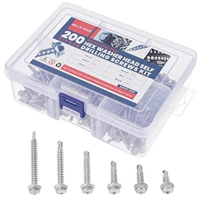 Afbeelding van Belle Vous Roestvrijstalen #8 Assortiment TEK Zelfborende Schroeven (200 Stuks) 6 Maten Zeskantige Sluitringkopset Zelftappende Dakplaat, Metaal, Hout, Bouw en Constructieschroevenset