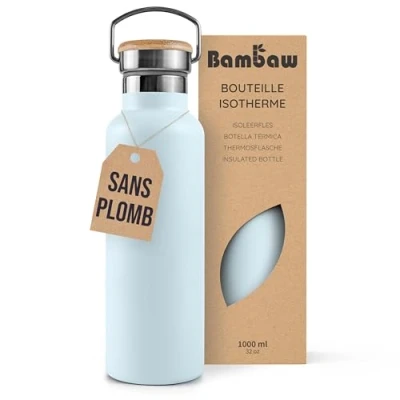 Afbeelding van Bambaw® 1 Liter RVS Thermosfles Dubbelwandig, Milieuvriendelijk, Lekvrijen, loodvrij en Plasticvrij Geïsoleerde Fles met Bamboe Deksel voor Warme Koude Dranken Ideaal Reizen, Werk, Yoga, Wandelen Dagelijks Gebruik lichtblauw