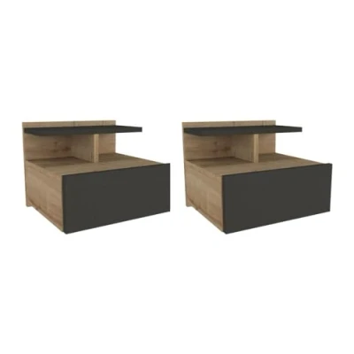 Afbeelding van Vente unique Set van 2 hangende nachtkastjes 1 lade Kleur: naturel en antraciet AZELNO L 39.4 cm x H 32 D 35