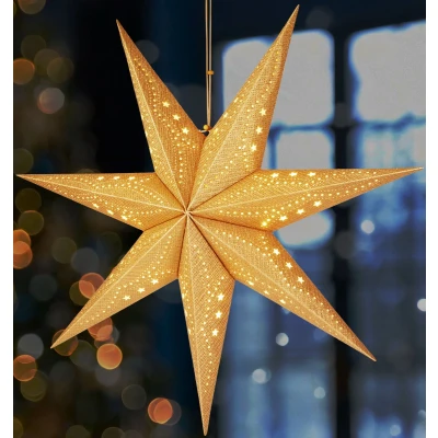 Afbeelding van BRUBAKER 3D Hangende Kerstster Raampapier Ster met E14 Voet 60 cm Advent Decopatroon Kerst Lichtster Set 3,5 m Kabel Ophangen Goud