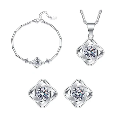 Afbeelding van TOEECY Sieradenset klavertje zilver hanger ketting oorbellen en armbanden set geluksbrenger sieraden voor vrouwen meisjes, Quadrifoglio #1, Sterling zilver, kubische zirkonia, Lak