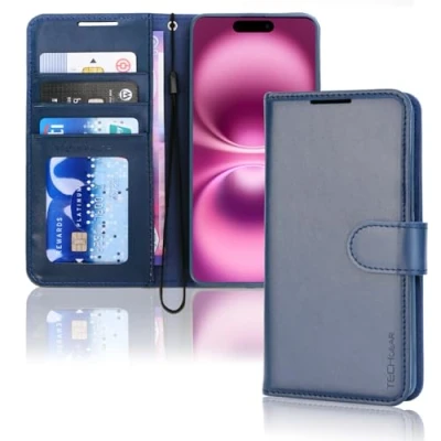 Afbeelding van TECHGEAR Magnetische sluiting PU lederen portemonneehoesje voor iPhone 16 6,1 inch, standfunctie en polsband, blauw