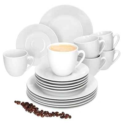 Afbeelding van MamboCat Tommy 18 delig koffieservies, wit porseleinen koffieservies voor 6 personen, koffiekopjes, schoteltjes en taartborden, chique servies ontbijt koffie, gastro,