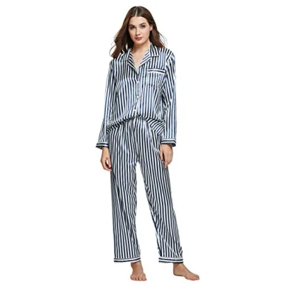 Afbeelding van Lange satijnen pyjamaset voor dames, Blauw wit gestreept