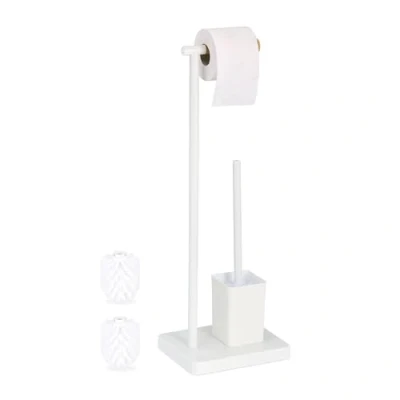 Afbeelding van Relaxdays Trim, h x d: 66,5 23 18 cm, staande toiletpapierhouder, toiletborstel met borstelhouder, roestvrij staal, wit