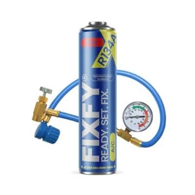 Afbeelding van FIXFY 5 in 1 koelmiddelvervangingsset R134a met olie, droger, afdichtmiddel, gas en UV kleurstof, set slang manometer, 500 ml box, voor het zelf vullen van airconditioning