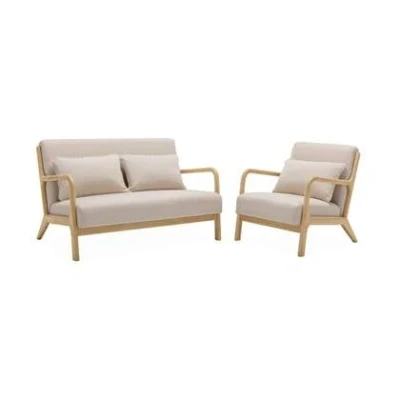Afbeelding van sweeek 2 zitsbank + beige stoffen en houten fauteuil