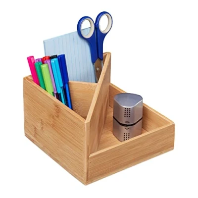 Afbeelding van Relaxdays pennenbak bamboe pennenhouder met 3 vakken bureau organizer kantoor
