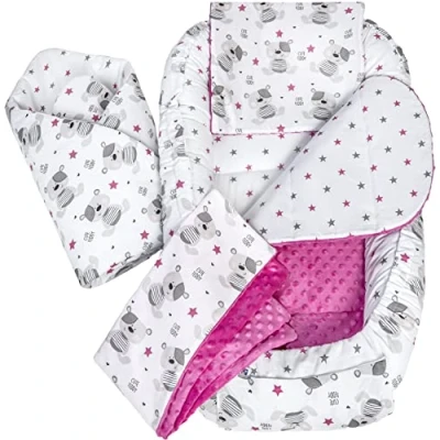 Afbeelding van Medi Partners Babycocon, 5 elementen, 100 x 60 15 cm, 100% katoen, babybedverkleiner, hoofdkussen, deken, afneembaar inzetstuk, teddybeer met minky donkerroze