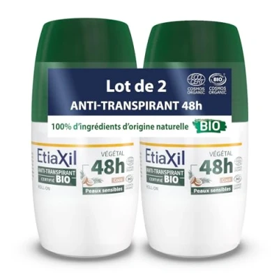 Afbeelding van ETIAXIL Plantaardige anti transpirant deodorant matig zweten biologisch gecertificeerd oksel 48 uur kokosgeur roll on 50 ml 2 stuks