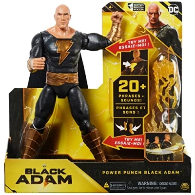 Afbeelding van DC Comics, Power Punch actiefiguur Adam Black 30 cm, meer dan 20 zinnen en geluiden, licht op met 2 accessoires, verzamelspeelgoed Movie voor jongens meisjes vanaf 3 jaar