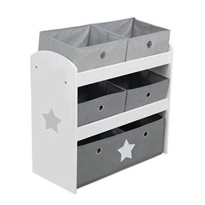 Afbeelding van roba Houten kinderspeelgoedrek met sterren, 5 afneembare stoffen manden, opbergkast voor speelgoed, 64 x 30 60 cm, sterren/grijs