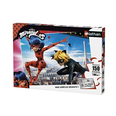 Afbeelding van Nathan Kinderpuzzel 150 stukjes Ladybug en zwarte kat Miraculous Meisjes of jongens jongen meisje vanaf 7 jaar Hoogwaardige puzzel dik duurzaam karton superhelden 86821