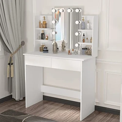Afbeelding van WOLTU make uptafel met led spiegel, 2 laden en 4 legplanken, moderne slaapkamerkast van hout, 90 x 40 135 cm, wit, MB6096ws