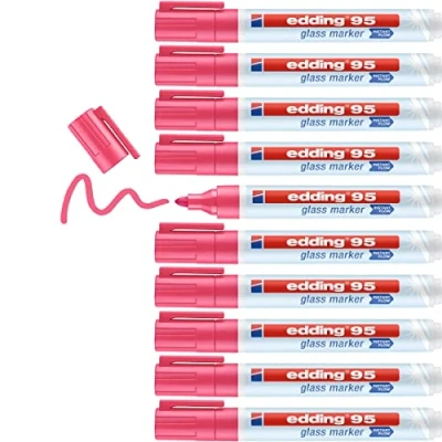 Afbeelding van Edding 95 glasmarkers roze 10 stiften ronde punt 1,5 3 mm afwisbare raammarkeerder markeren van glasoppervlakken (ruiten, whiteboard) droog afwasbaar