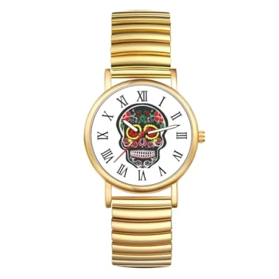 Afbeelding van JewelryWe Montre Femme Ultra Mince Easy Reader Bracelet Elastique Doré/Argent, Doré Crâne #2,