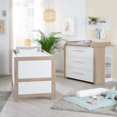 Afbeelding van roba Babymöbel Malo set van 2 stuks kinderbed 70 x 140 cm + commode met 3 laden metalen handgrepen wit/ambachtelijk eiken