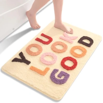 Afbeelding van QJHOMO Badmat, veelkleurig, beige, antislip, wasbaar, schattige badkamerdecoratie, zachte microvezel, absorberend, 40 x 60 cm