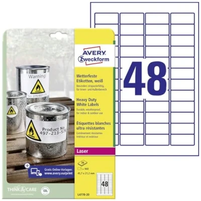 Afbeelding van Avery L4778 20 ultra sterke etiketten ft 45,7 x 21,2 mm (b h), 960 etiketten, wit etiket