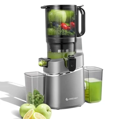 Afbeelding van AMZCHEF Automatische alles in één sapcentrifuge, 250 W, opening van 135 mm en 1,8 liter sapcentrifuge voor groenten fruit, slow juicer met drievoudig filter, grijs