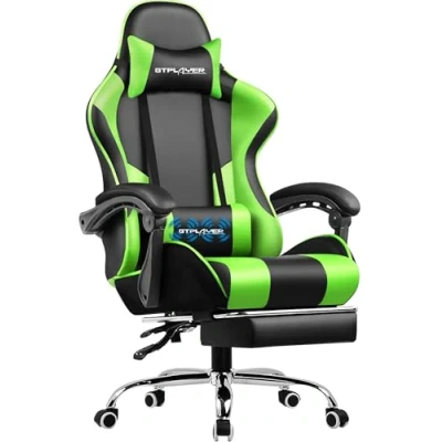 Afbeelding van GTPLAYER Bureaustoel, ergonomische gamingstoel met voetensteun, hoofdsteun, lendenkussen, gevoerd, draaibaar, groen