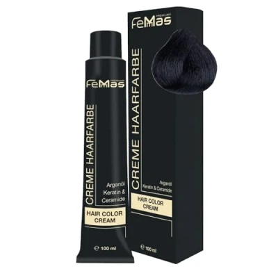 Image de FemMas Teinture pour cheveux marron, crème professionnelle à huile d&#039;argan nourrissante, de kératine et céramides, comme coloration permanente ou teinte, 100 ml, noir 1