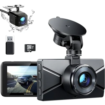 Afbeelding van WOLFANG 2,5 K Dashcam auto voor en achter, 1440P + 1080P FHD autocamera, IPS 3 inch autocamera groothoek 170 140, G sensor, WDR, 24 uur parkeermodus, loop opname